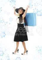 blond in retro hat with blue shopping bag