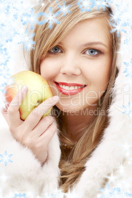 lovely blond in fur with apple