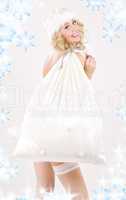 cheerful santa helper girl with big bag