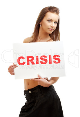 lovely girl holding crisis word board