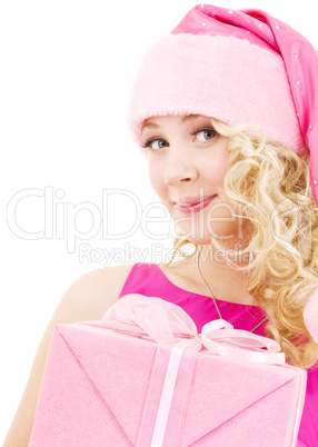 cheerful santa helper girl with gift box