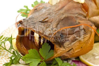 Closeup of Bloated sheatfish head with lemon and parsley