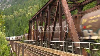 Canadian freight train over bridge