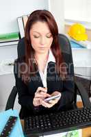 Concentrated businesswoman using her calculator sitting at her d