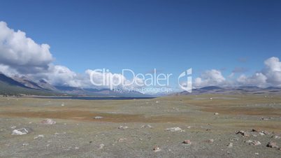Panorama of mountain lake Khoton Nuur in Mongolian Altai