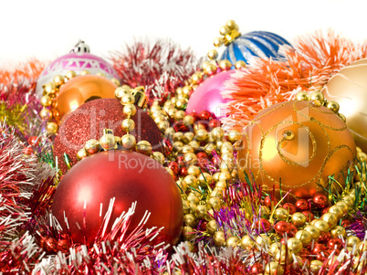 Christmas colorful decoration - baubles, tinsel and beads