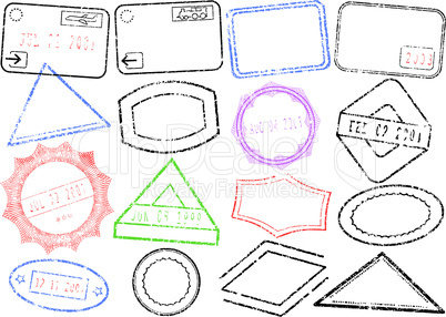 Passport or post stamp vector illustration set.