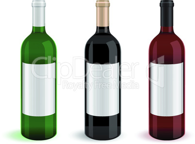 Vector illustration of three realistic wine bottles.