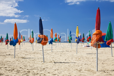 Colorful Parasols on Deauville Beach, Normandy, France, Europe
