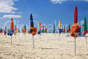 Colorful Parasols on Deauville Beach, Normandy, France, Europe