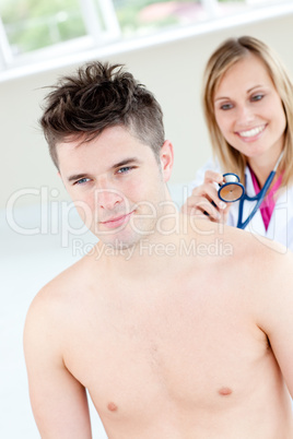 Smiling female doctor sounding her male patient