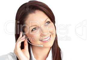 Charming young businesswoman wearing earpiece