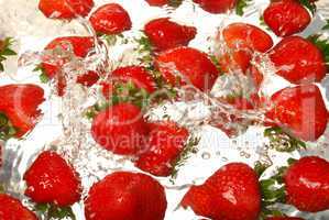 Strawberries splashing in water