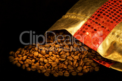 Gold bag with coffee beans