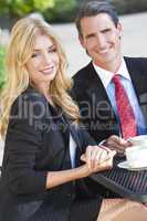 Beautiful Woman & Handsome Man Couple Drinking Coffee At Cafe