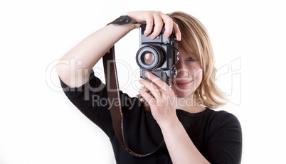 Frau mit alter Kamera