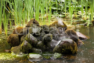 Fountain landing on mossy rocks