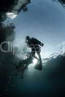Scuba divers in silhouette