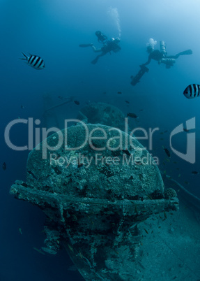 Scuba divers exploring Shipwreck SS Thistlegorm