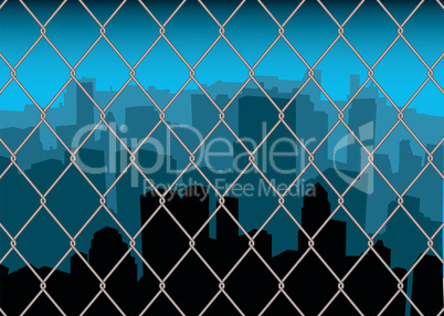 city behind fence