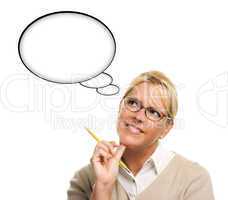 Beautiful Woman and Blank Thought Bubbles with Clipping Path