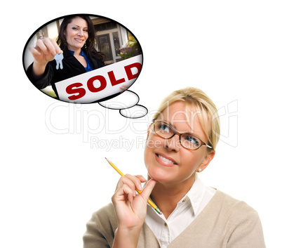 Woman with Thought Bubbles of Agent Handing Over New Keys