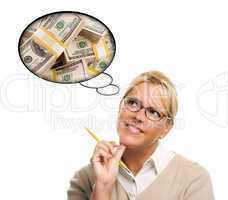 Woman with Thought Bubbles Lots of Money