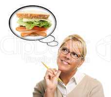 Hungry Woman with Thought Bubbles of Big, Fresh Sandwich