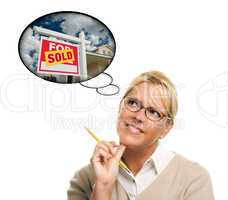 Woman with Thought Bubbles of a Sold Real Estate Sign
