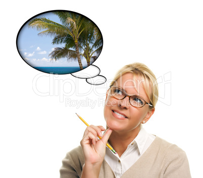 Beautiful Woman with Thought Bubbles of a Tropical Place