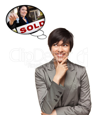 Multiethnic Woman with Thought Bubbles of Agent Handing Over Key