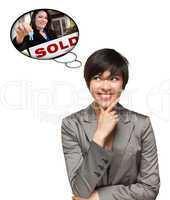 Multiethnic Woman with Thought Bubbles of Agent Handing Over Key