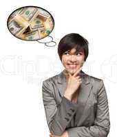 Beautiful Multiethnic Woman with Thought Bubbles of Money Stacks