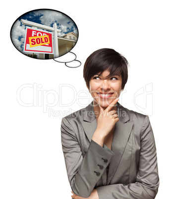 Multiethnic Woman with Thought Bubbles of Sold Real Estate Sign