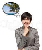 Beautiful Multiethnic Woman with Thought Bubbles of Tropical Pla
