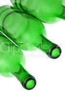 Detail of empty green glass wine bottles