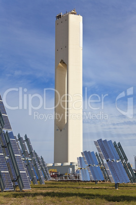 Renewable Green Energy Solar Tower Surrounded by Solar Panels