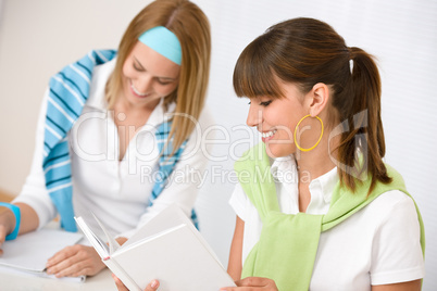 Student at home - two young woman study together