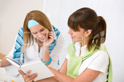 Student at home - two young woman study together