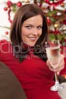 Attractive brown hair woman in front of Christmas tree