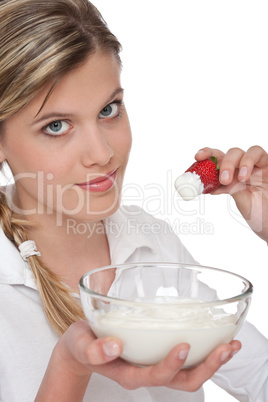 Healthy lifestyle series - Woman holding strawberry and yogurt