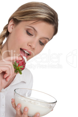 Healthy lifestyle series - Woman eating strawberry with yogurt Healthy lifestyle series - Woman eating strawberry with yogurt