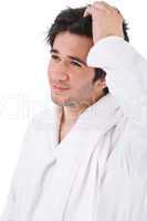 Morning - Young man in bathrobe with towel waking up