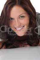 Close-up of happy smiling brown hair woman