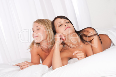 Blond woman and brunette having fun in bed