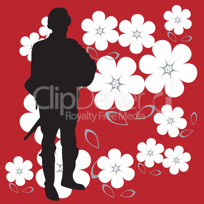 Soldier silhouette on bright red and powerful background