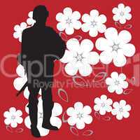Soldier silhouette on bright red and powerful background