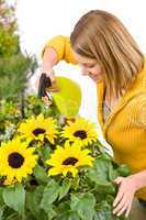Gardening - woman sprinkling water to sunflowers