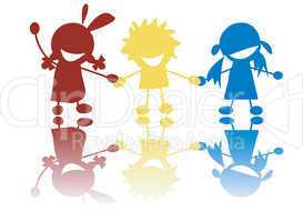 Happy little children holding hands in colors