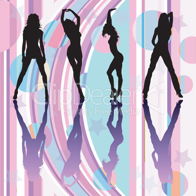 Dancing girls silhouettes on discoteque atmosphere